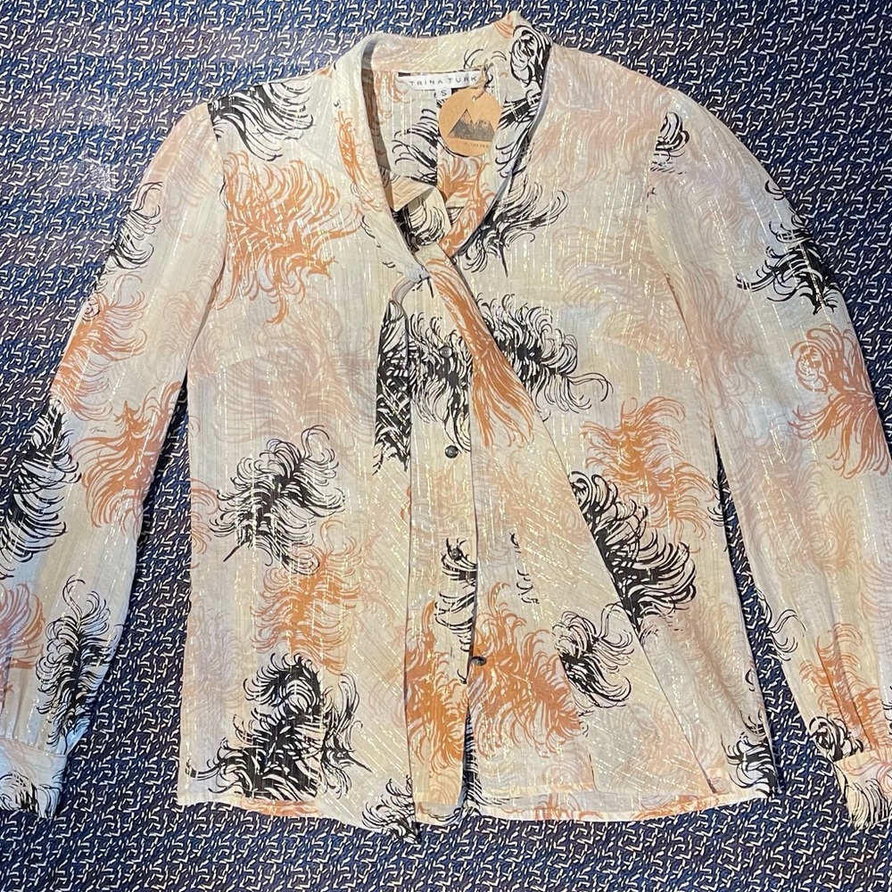 Trina Turk Shimmery Sheer Pussy Bow Blouse